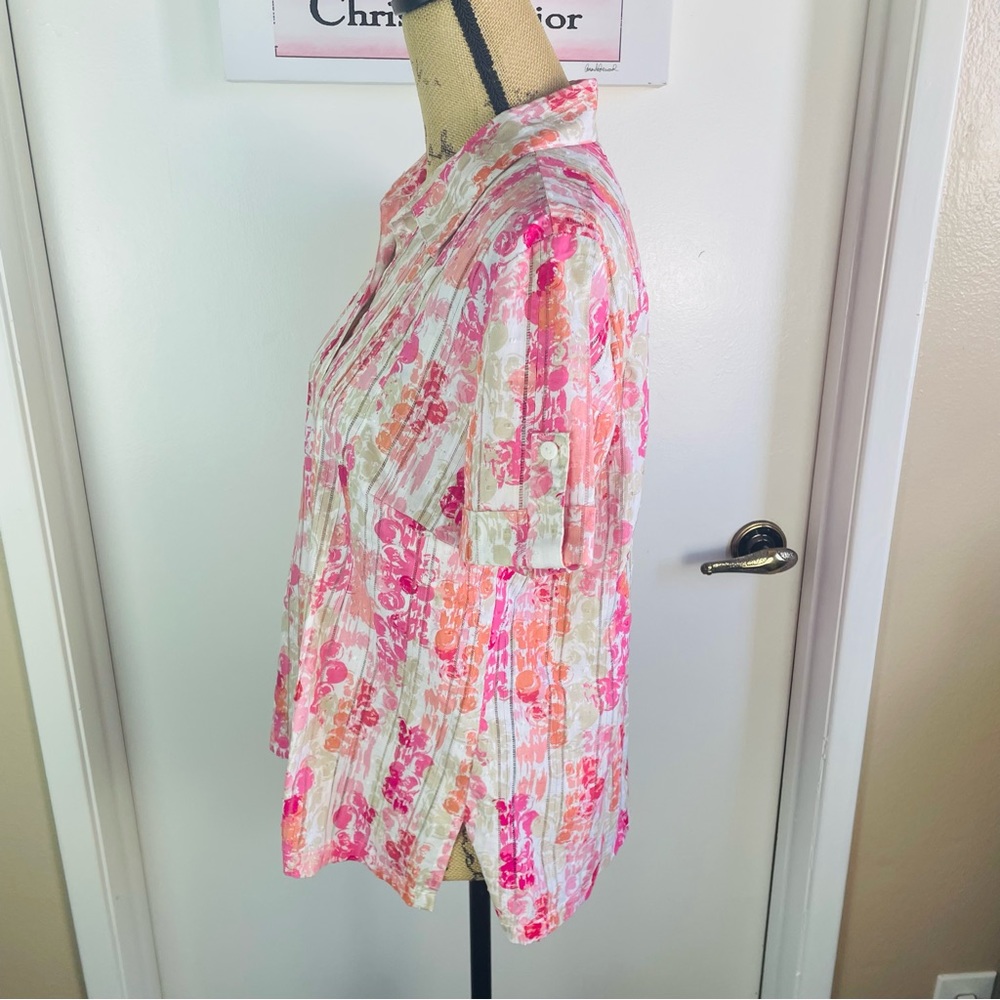 JM Collection Pink Multicolor Blouse Woman Top Shirt Hawaiian Button Up Size 10 - Picture 2 of 9